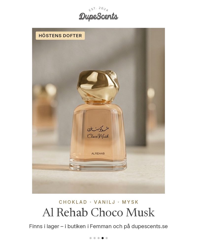 Produktbild för Dupescents: Al Rehab Choco Musk på ljus stenbakgrund i solljus, med rubriken Höstens dofter.