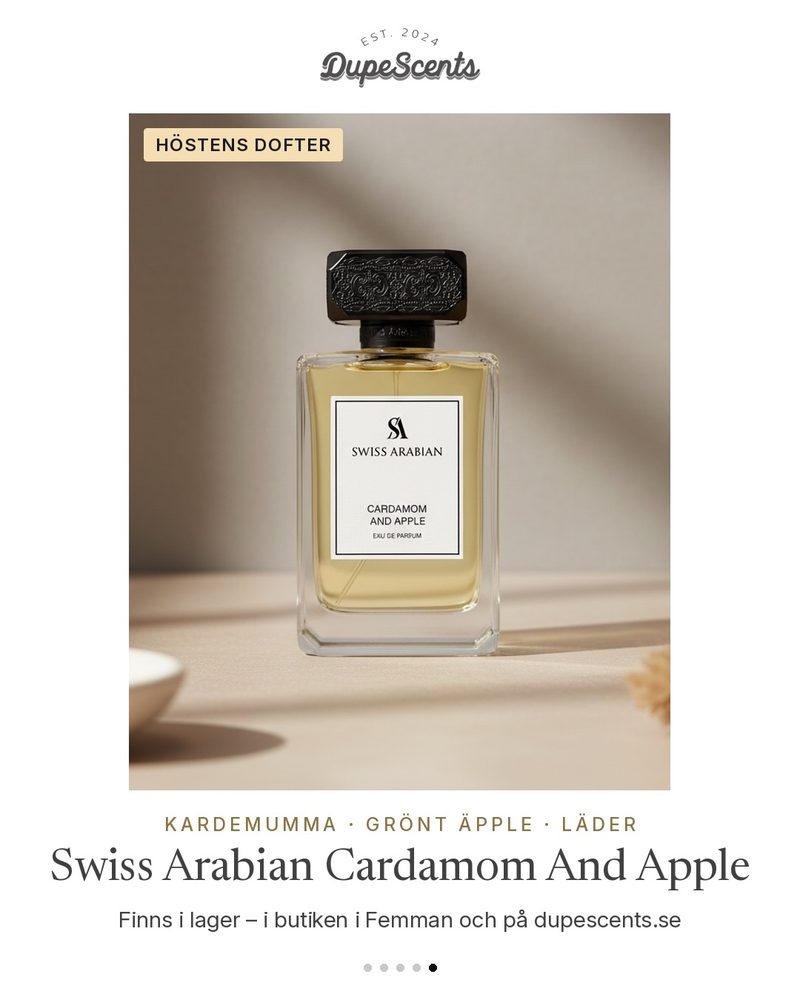 Produktbild för Dupescents: Swiss Arabian Cardamom And Apple på ljus stenbakgrund i solljus, med rubriken Höstens dofter.